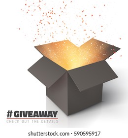 Illustration of Vector Box Isolated on White Background. Giveaway Competition Template. Open Box with Confetti Enter to Win Prize Concept