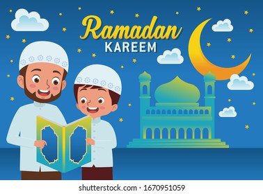Ilustración o vector de un niño y un padre leyendo el Corán juntos frente a la mezquita, bienvenido la llegada del mes de Ramadán.