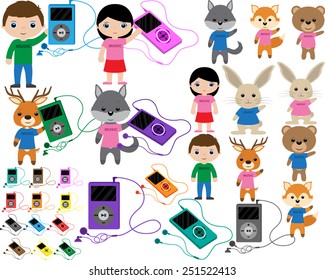 Illustration / vector. Boy and girl listening to music on mp3. 