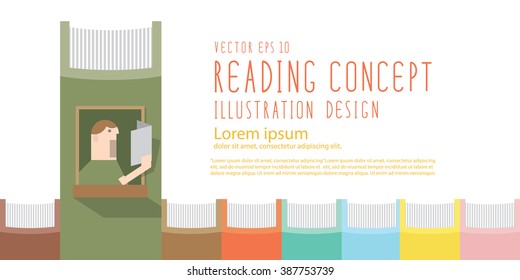 Illustrationsjunge Vektorillustration, die ein Buch im Fenster auf dem Buchrücken liest, Banner
