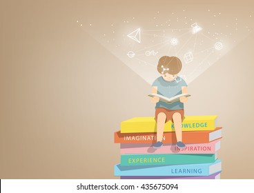 illustration vector boy reading a book on a pile of books, brown background and icons refer to knowledge. Education Learning and Recreation Concept.