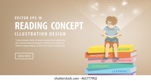 illustration vector boy reading a book on a pile of books, brown background and icons refer to knowledge and learning.