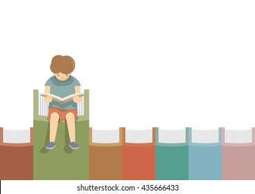 illustration vector boy Reading On the books in a row white background. Education Learning and Recreation Concept.