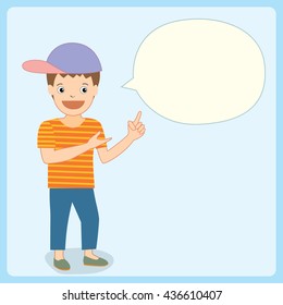 Illustration vector of a boy speaking with blank bubble on blue pastel background colors.Space for your text.