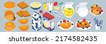 illustration vector of breakfast plate drink and food flat 3d isometric isolated on background