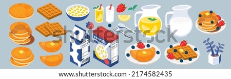 illustration vector of breakfast plate drink and food flat 3d isometric isolated on background