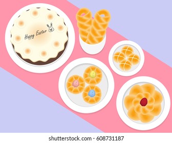 Illustration vector of buffet Easter bread and dessert on plate on table top view. 