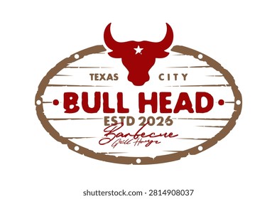 Illustration vector of bull head with lone star symbol and wooden signage vintage design with rustic wood texture and distressed typography for barbecue restaurant, bbq grill house label stamp logo