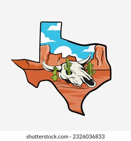 illustration vector of bull head skull in desert, texas print design perfect for t-shirt etc