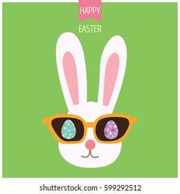 Illustration vector of bunny easter with sunglasses and eggs  in hipster style on green background.