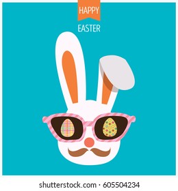 Illustration vector of bunny easter with sunglasses and eggs  in hipster style.Blue background color.