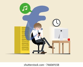 illustration vector of business man using smartphone as a marionette controlled, business man is controlled by smartphone, social network smartphone addiction design concept