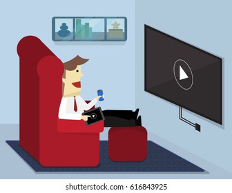 Illustration vector business man is watching video steaming on tablet sit on red chair at home in living room.