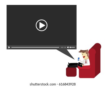 Illustration vector business man is watching video steaming on tablet sit on red chair and video bubble.