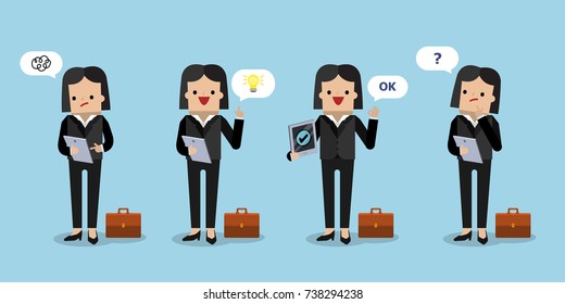 Illustration vector of business woman is using tablet to work many action.