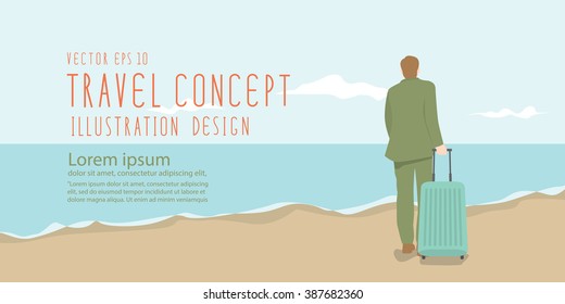 Illustration vector businessman dragging a suitcase at the beach, banner