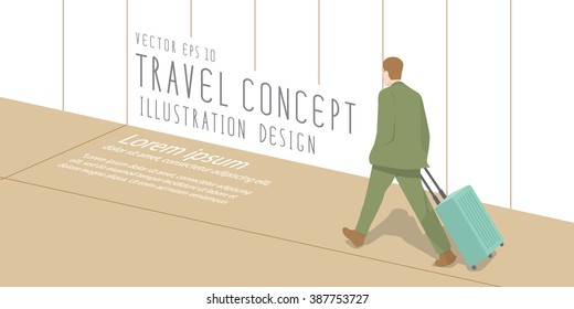 Illustration vector businessman dragging a suitcase at the airport, banner