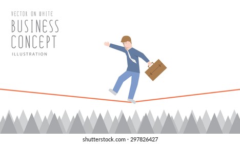 Illustration vector businessman in equilibrium on a rope over sharp thorns flat style.