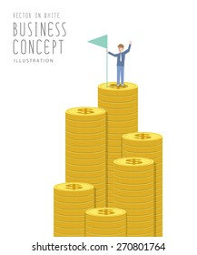 Illustration vector businessman holding flag on top of money. Business success concept flat style.