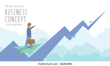 Illustration vector businessman ride on paper plane to the top of the stock market flat style.