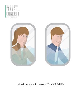 Illustration vector businessmen looking out the airplane window flat style.