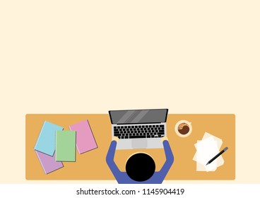 Illustration vector of busy guy. Laptop, pile of books, pen, cup of coffee and paperworks on the working table with copy space for text advertising. Business or Education concept. View from above/top