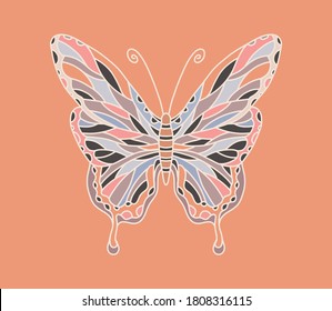 Illustration vector butterfly with patterns on the wings for design of clothes, t-shirts, phone cases. Patterned decorative insect with fine details. Graceful butterfly with wings Isolated. Hand drawn