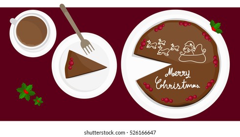 Illustration vector of cake with piece of cake and a cup of hot chocolate on top view Merry Christmas theme. 