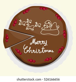 Illustration vector of cake with slice cake on top view Merry Christmas theme. 