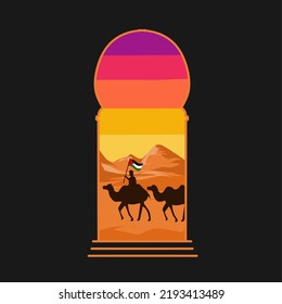 illustration vector of camel bring palestine flag in desert perfect for print,etc