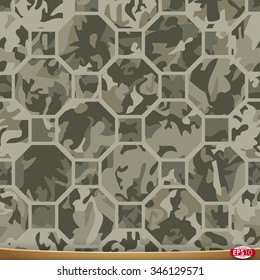 Illustration of vector camouflage, octahedron and square based seamless pattern.