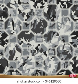 Illustration of vector camouflage, octahedron and square based seamless pattern.