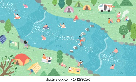 Illustration vector campsites spectacular natural located along the river. spend summer weekend outdoors.
