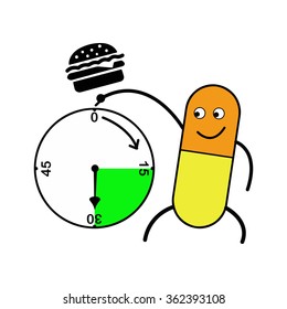 illustration vector capsule pointing clock and hamburger above, medicine after meal