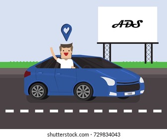 Illustration vector of car on road for rent with driver on road with bill broad for advertising