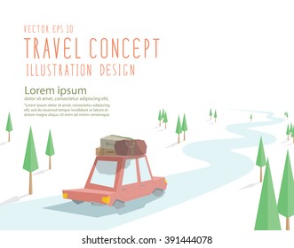 Illustration vector the car on the way to travel. carry luggage on the roof flat style.