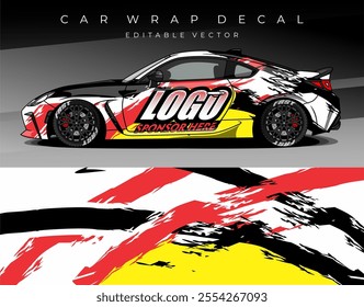Illustration Vector of Car wrap decal with white orange yellow black colour. Livery car design abstract template mockup editable vector. Suitable for racing, rally or daily use