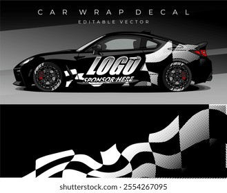 Illustration Vector of Car wrap decal with black white finish flag colour. Livery car design abstract template mockup editable vector. Suitable for racing, rally or daily use