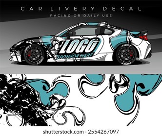 Illustration Vector of Car wrap decal with white black green colour. Livery car design abstract template mockup editable vector. Suitable for racing, rally or daily use