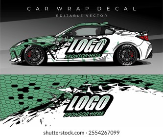 Illustration Vector of Car wrap decal with white green black colour. Livery car design abstract template mockup editable vector. Suitable for racing, rally or daily use