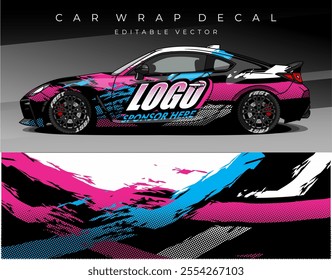 Illustration Vector of Car wrap decal with black white pink blue colour. Livery car design abstract template mockup editable vector. Suitable for racing, rally or daily use