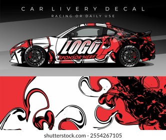 Illustration Vector of Car wrap decal with white red black colour. Livery car design abstract template mockup editable vector. Suitable for racing, rally or daily use