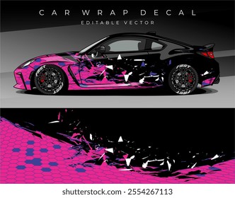 Illustration Vector of Car wrap decal with black pink colour. Livery car design abstract template mockup editable vector. Suitable for racing, rally or daily use