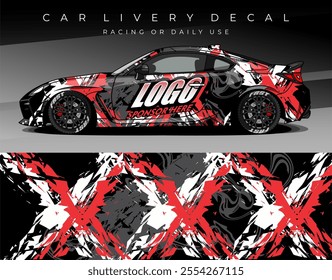 Illustration Vector of Car wrap decal with black red white colour. Livery car design abstract template mockup editable vector. Suitable for racing, rally or daily use