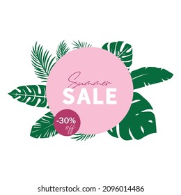 Illustration vector card banner template for summer sale with green palm leaf -30% off shop now	
