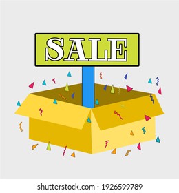illustration Vector cardboard box with a board that reads SALE simple for product promos, posters, event discounts