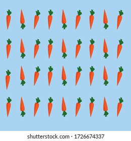 Illustration of vector carrot pattern on blue background. Orange vector carrots with green leaves.