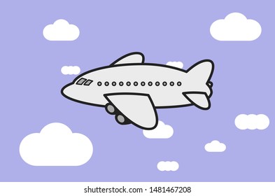 illustration vector of cartoon airplane with clouds on pastel blue color background