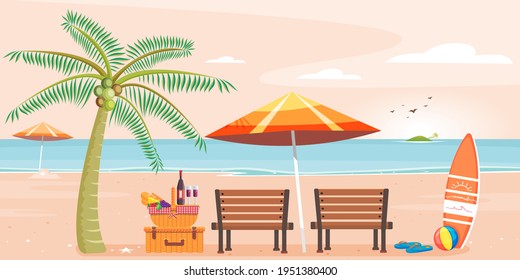 Illustration Vector Cartoon Background Of Picnic On Beach Scene For Couple Love On Evening