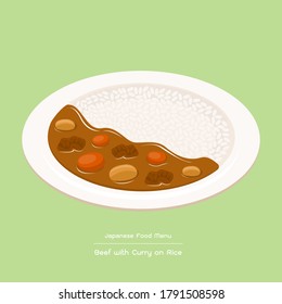 Illustration vector cartoon of beef meat stew or curry on rice plate. Japanese food dish menu concept